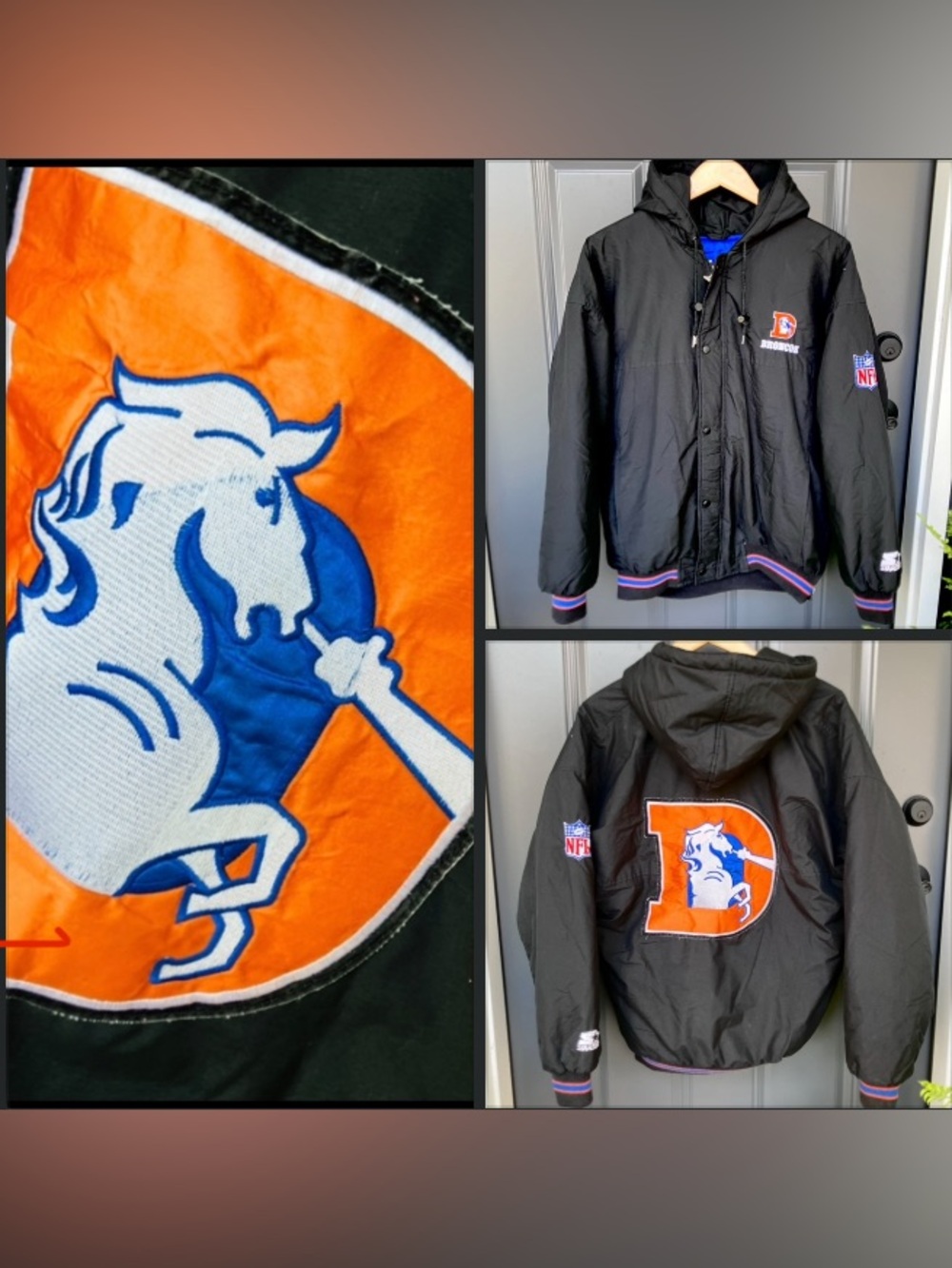 1990s Starter Jacket Denver Broncos Mens Medium Quilted NFL Coat Black Big Logo
